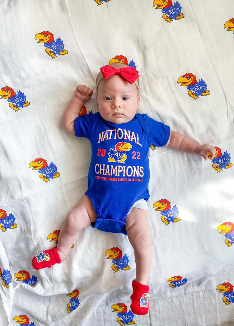 University of Kansas Jayhawks Muslin Swaddle Blanket – Premium 100% Cotton 47x47 – Officially Licensed KU Newborn Gift