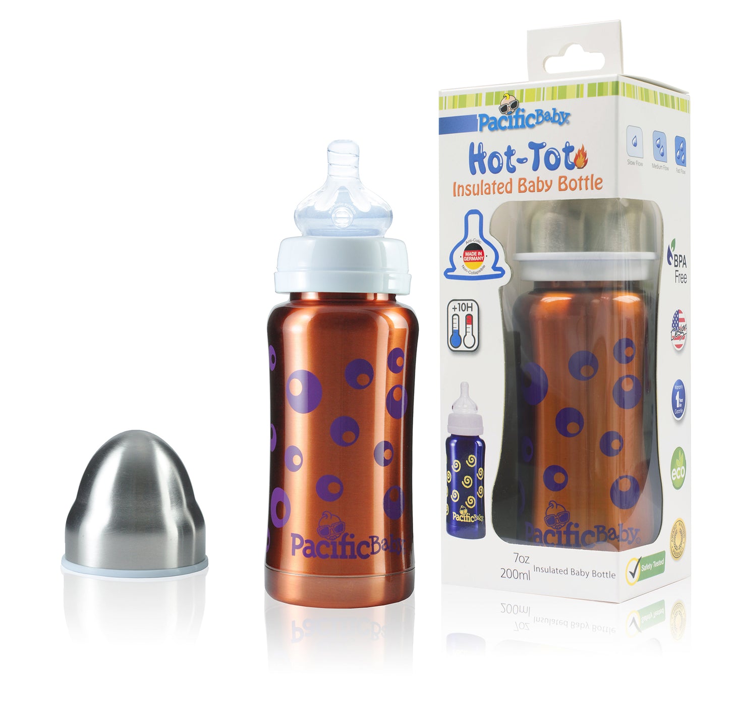 Pacific Baby Hot-Tot Stainless Steel Insulated Infant Baby 7 oz Eco Feeding Bottle Bubbles