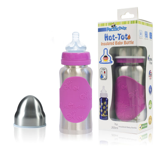Pacific Baby Hot-Tot Stainless Steel Insulated Infant Baby 7 oz Eco Feeding Bottle Silver Pink