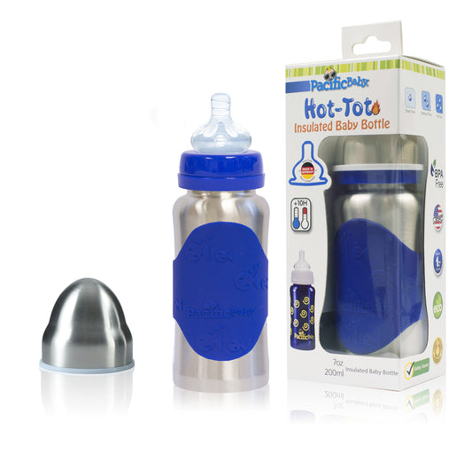 Pacific Baby Hot-Tot Stainless Steel Insulated Infant Baby 7 oz Eco Feeding Bottle Silver Blue