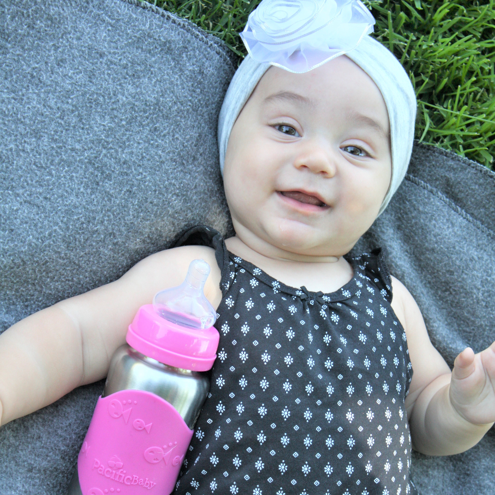 Pacific Baby Hot-Tot Stainless Steel Insulated Infant Baby 7 oz Eco Feeding Bottle Silver Pink