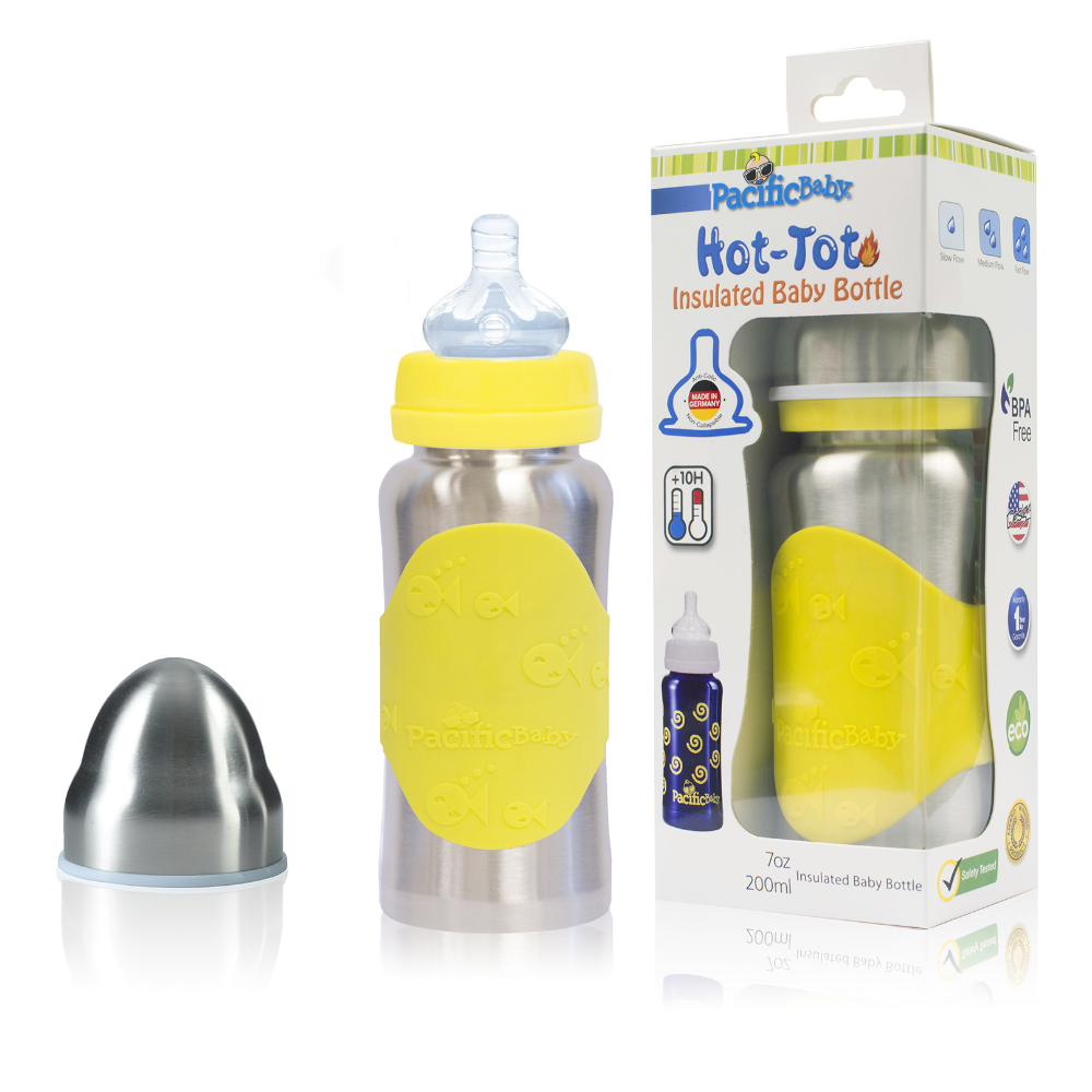 Pacific Baby Hot-Tot Stainless Steel Insulated Infant Baby 7 oz Eco Feeding Bottle Silver Yellow