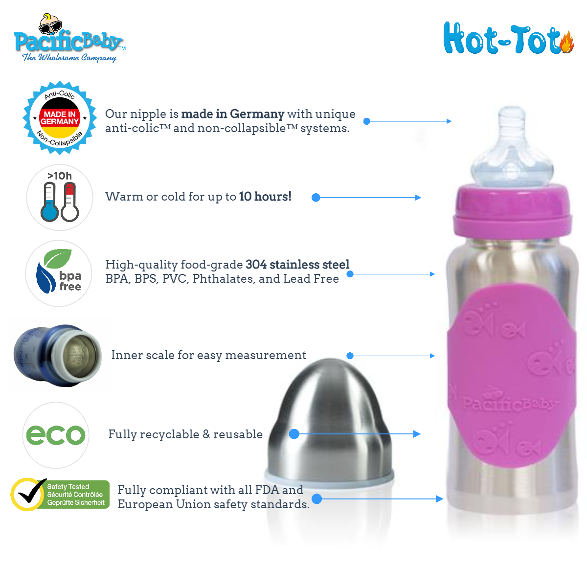 Pacific Baby Hot-Tot Stainless Steel Insulated Infant Baby 7 oz Eco Feeding Bottle Silver Pink