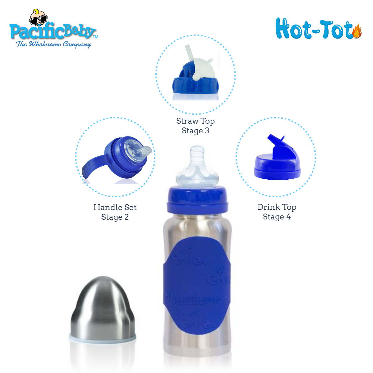 Pacific Baby Hot-Tot Stainless Steel Insulated Infant Baby 7 oz Eco Feeding Bottle Silver Blue
