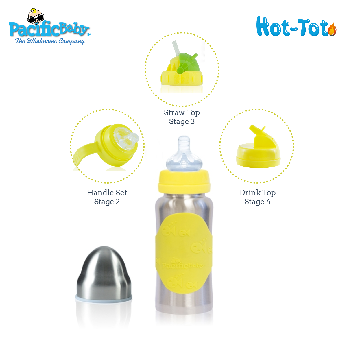 Pacific Baby Hot-Tot Stainless Steel Insulated Infant Baby 7 oz Eco Feeding Bottle Silver Yellow