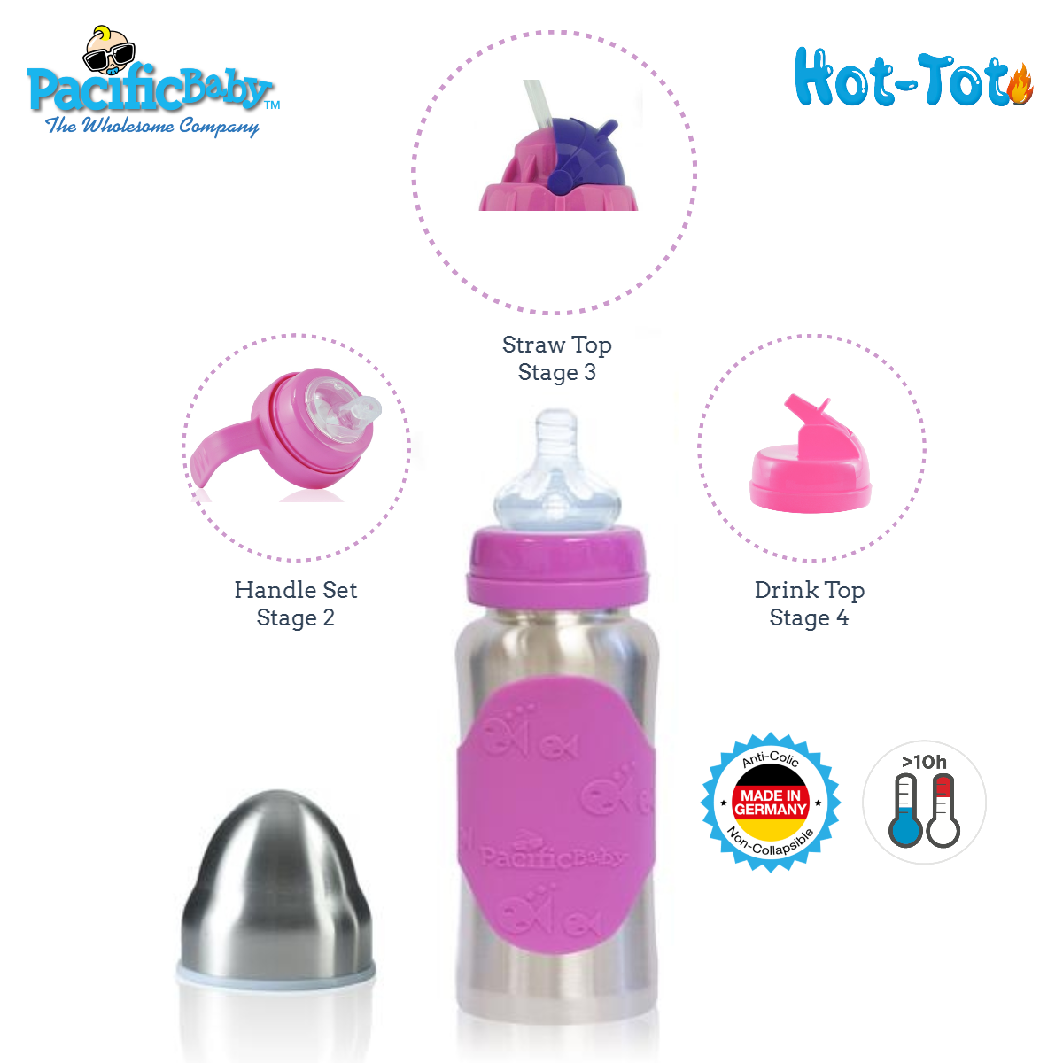Pacific Baby Hot-Tot Stainless Steel Insulated Infant Baby 7 oz Eco Feeding Bottle Silver Pink