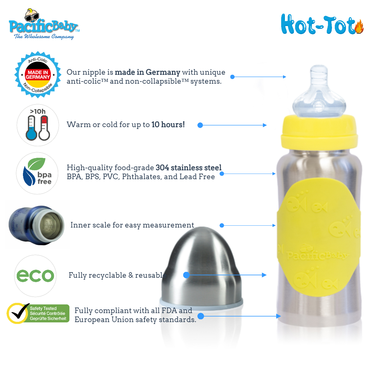 Pacific Baby Hot-Tot Stainless Steel Insulated Infant Baby 7 oz Eco Feeding Bottle Silver Yellow