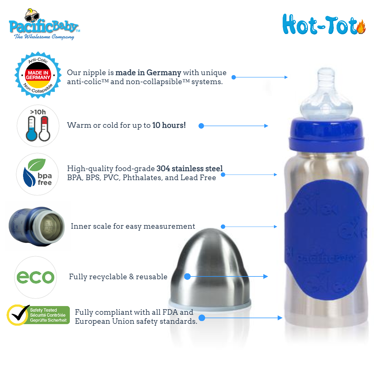 Pacific Baby Hot-Tot Stainless Steel Insulated Infant Baby 7 oz Eco Feeding Bottle Silver Blue